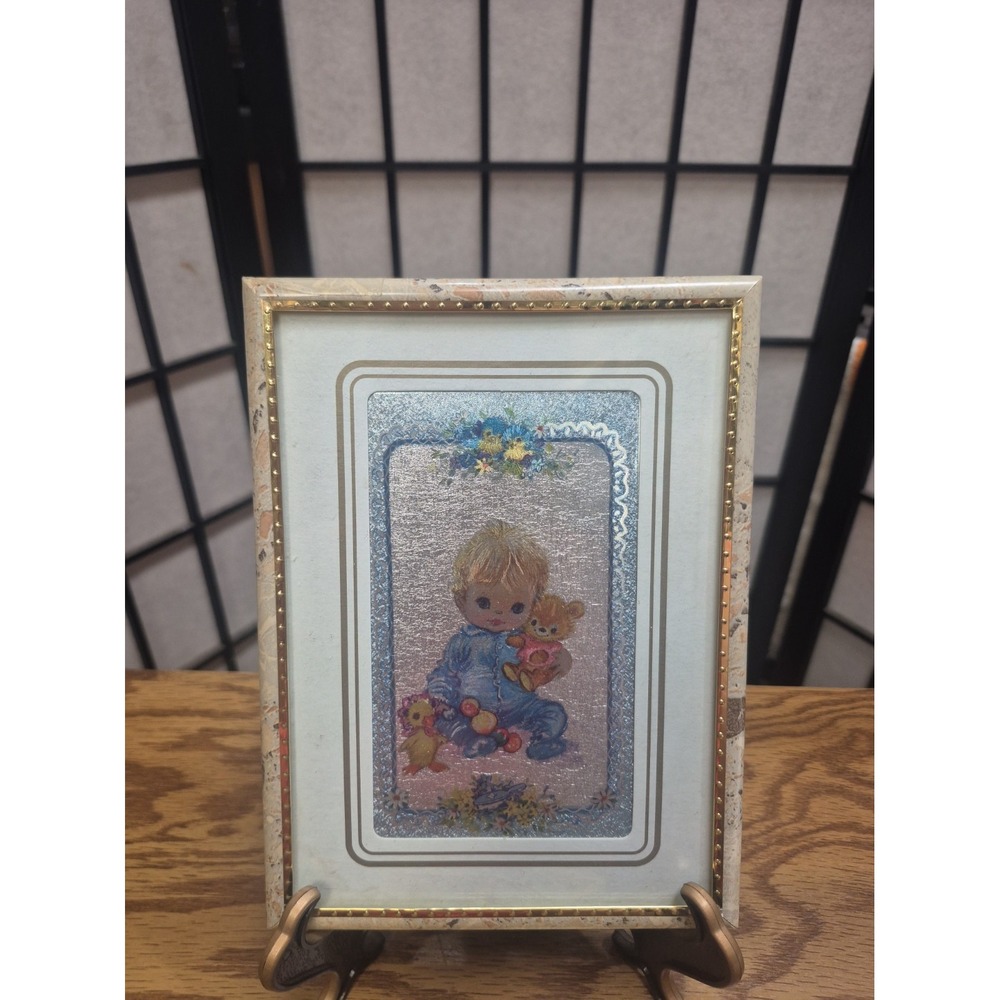 vintage 1970s–1980s nursery foil art Baby in blue sleeper created by Kafka...